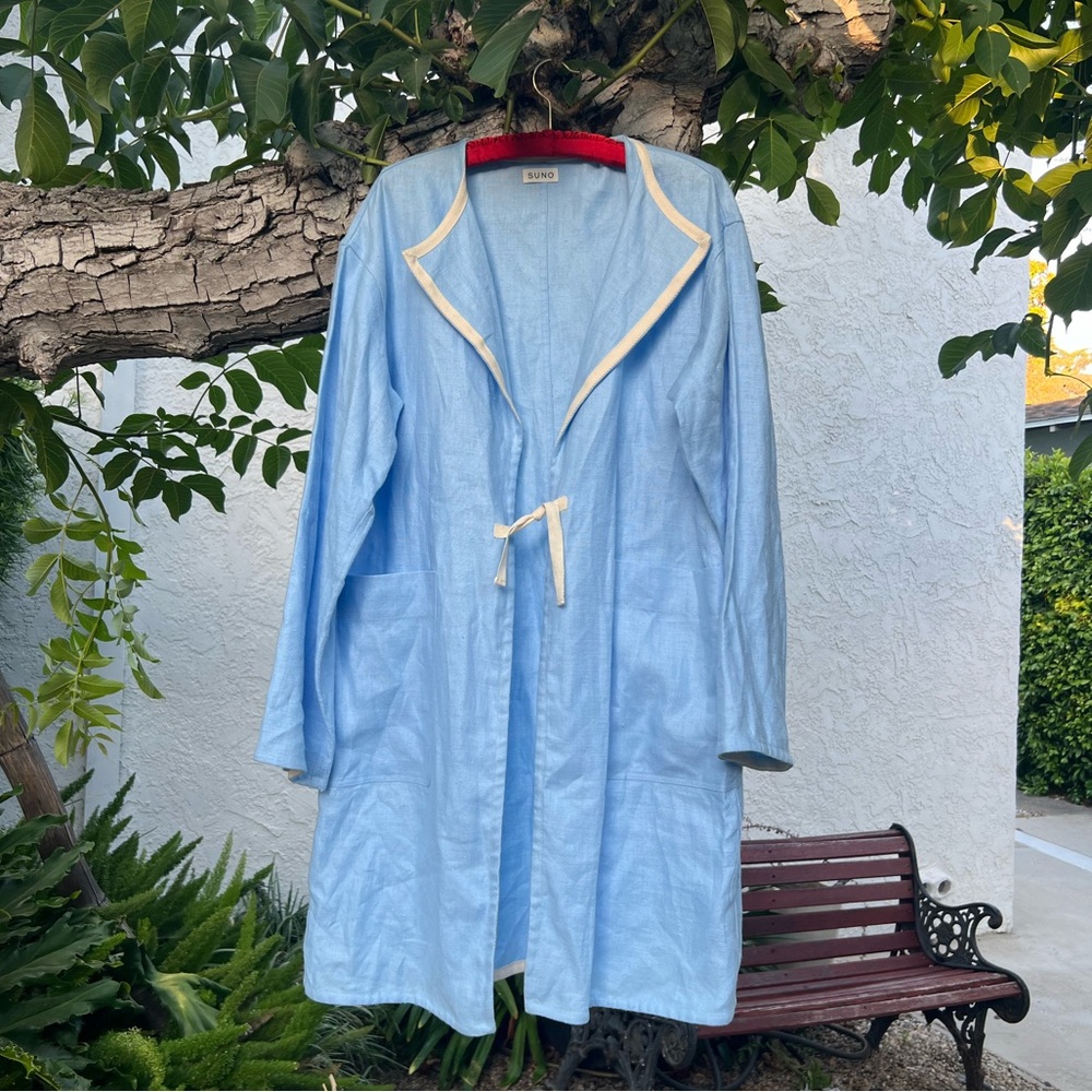 SUNO Blue Linen Cropped Duster Jacket | Open Front | One Size | Patch Pockets